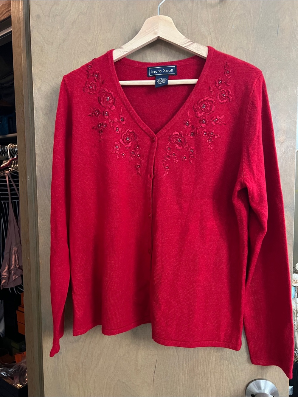 Laura Scott Bright Red V-Neck Cardigan with Floral Embroidery